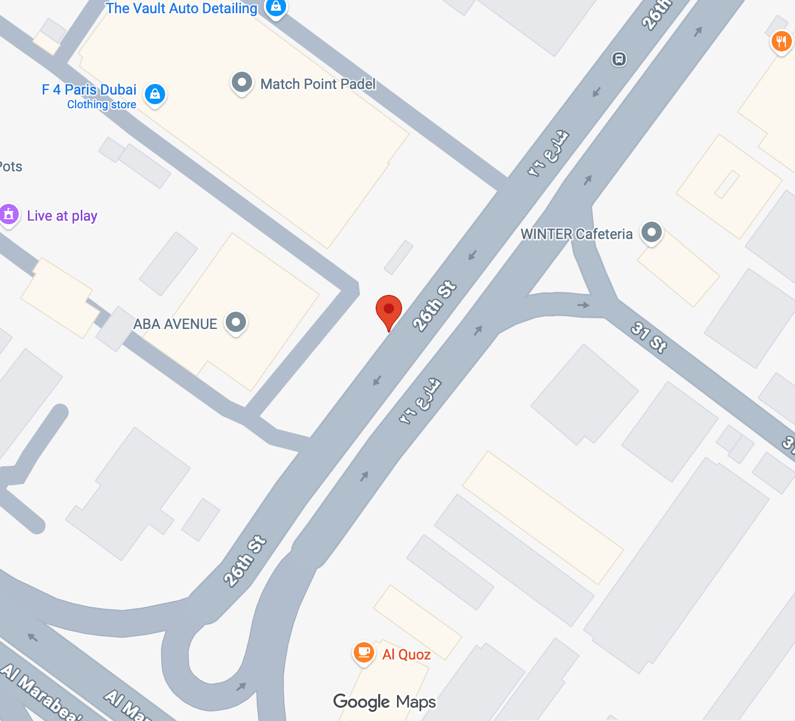 Map of the MAER studio in Al Quoz Industrial Second, Dubai, marked on 24B Street off 26th Street, near Match Point Padel